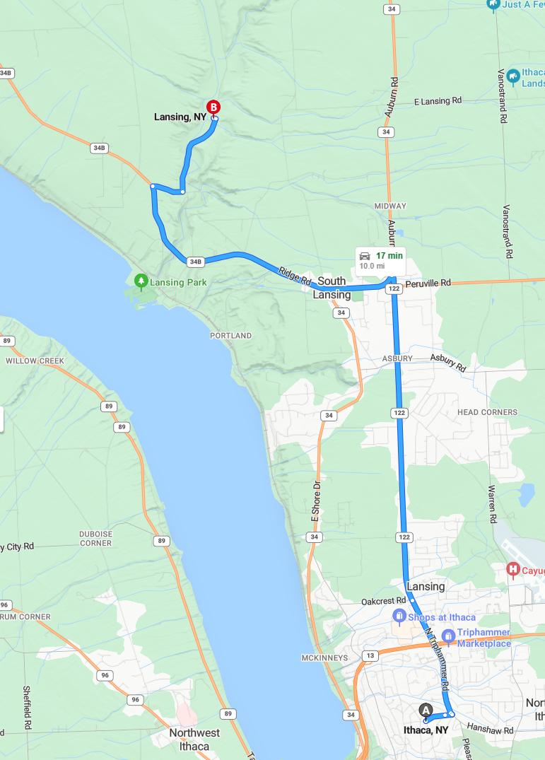 driving from Ithaca, New York to LansingNew York - map and route