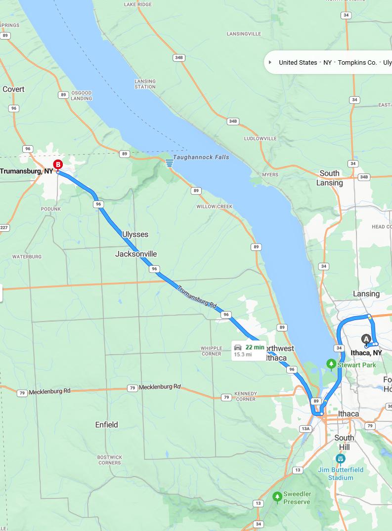 driving from Ithaca, New York to TrumansburgNew York - map and route