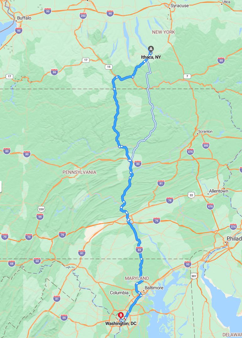 driving from Ithaca, New York to WashingtonDistrict of Columbia - map and route