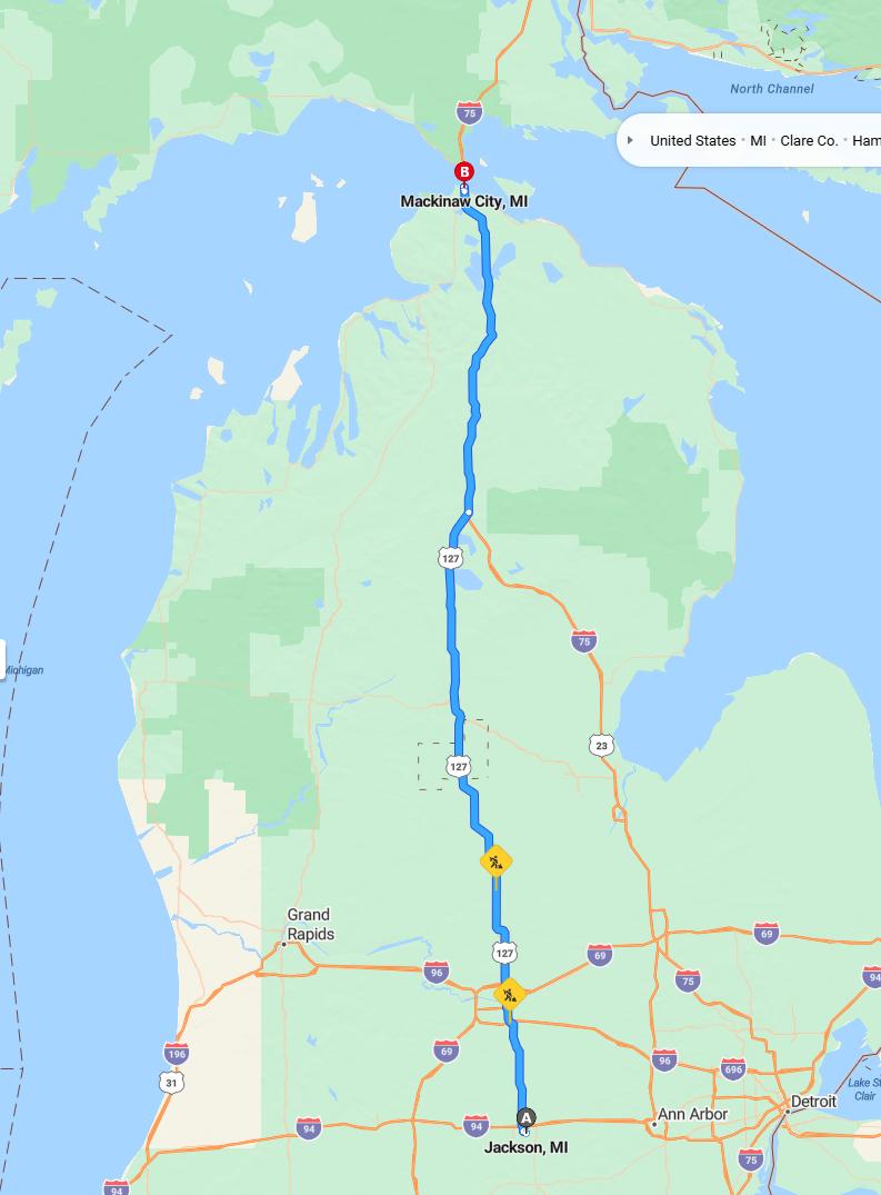 driving from Jackson, Michigan to Mackinaw CityMichigan - map and route