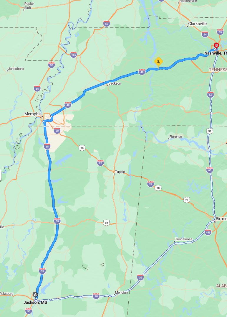 driving from Jackson, Mississippi to NashvilleTennessee - map and route