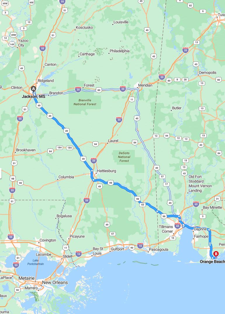 driving from Jackson, Mississippi to Orange BeachAlabama - map and route