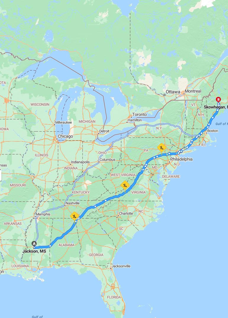 driving from Jackson, Mississippi to SkowheganMaine - map and route