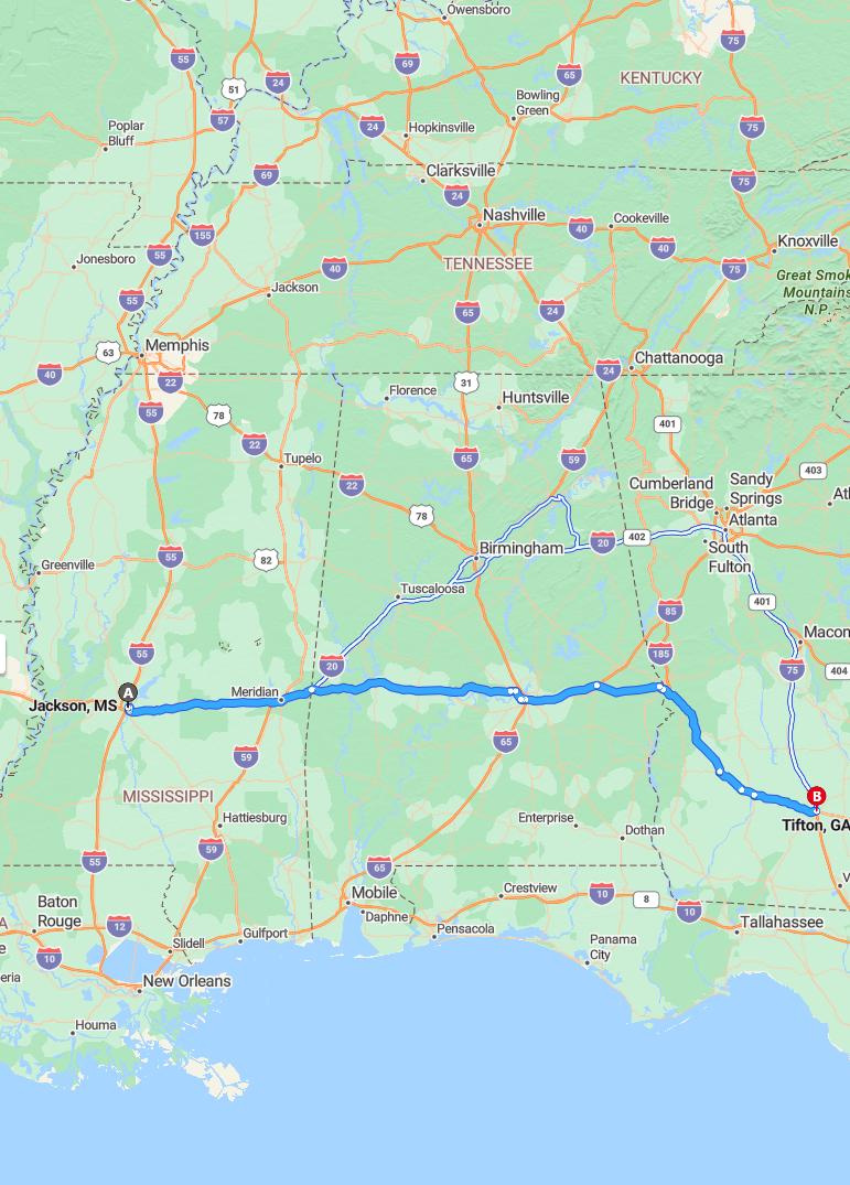 driving from Jackson, Mississippi to TiftonGeorgia - map and route