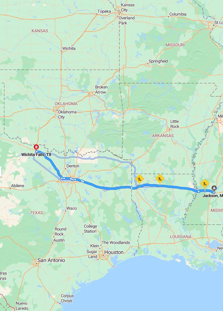 driving from Jackson, Mississippi to Wichita FallsTexas - map and route