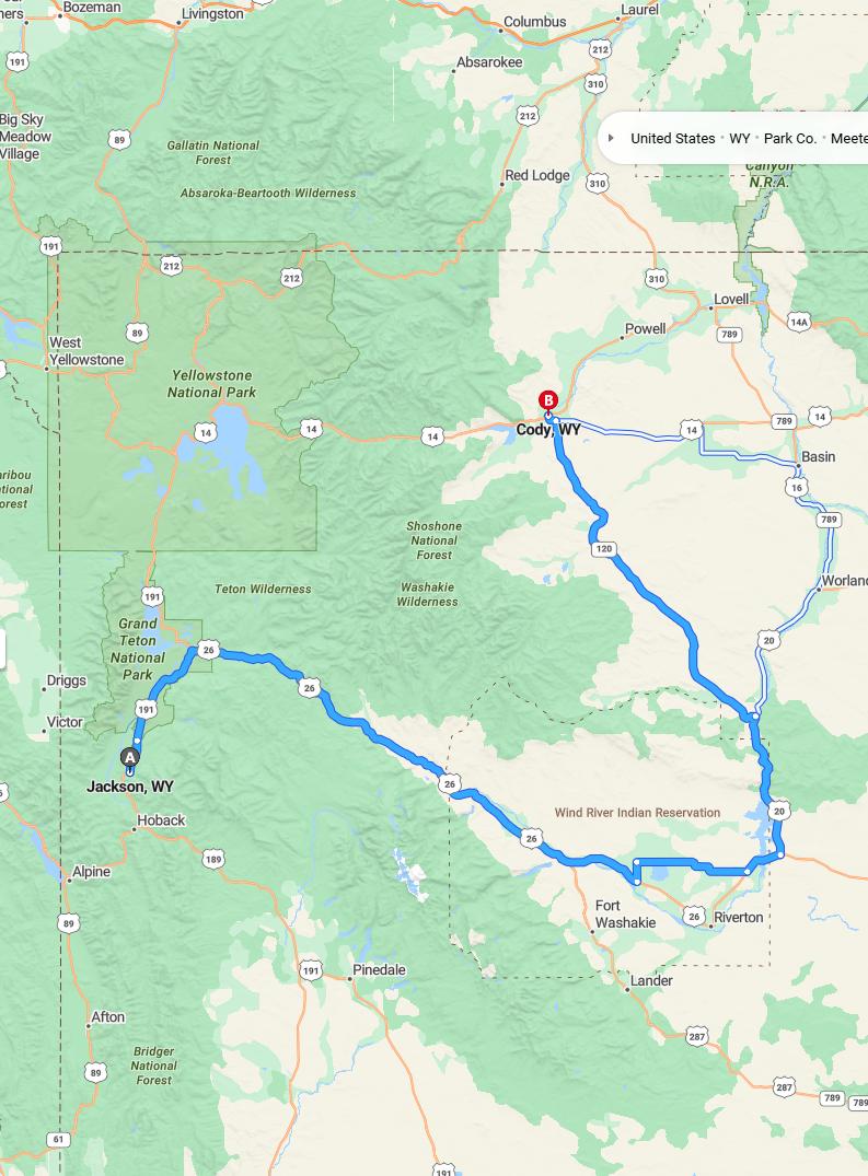 driving from Jackson, Wyoming to CodyWyoming - map and route