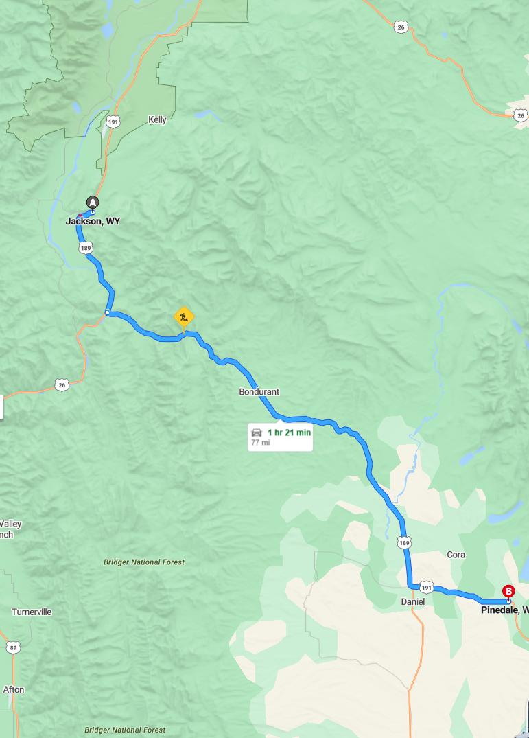 driving from Jackson, Wyoming to PinedaleWyoming - map and route