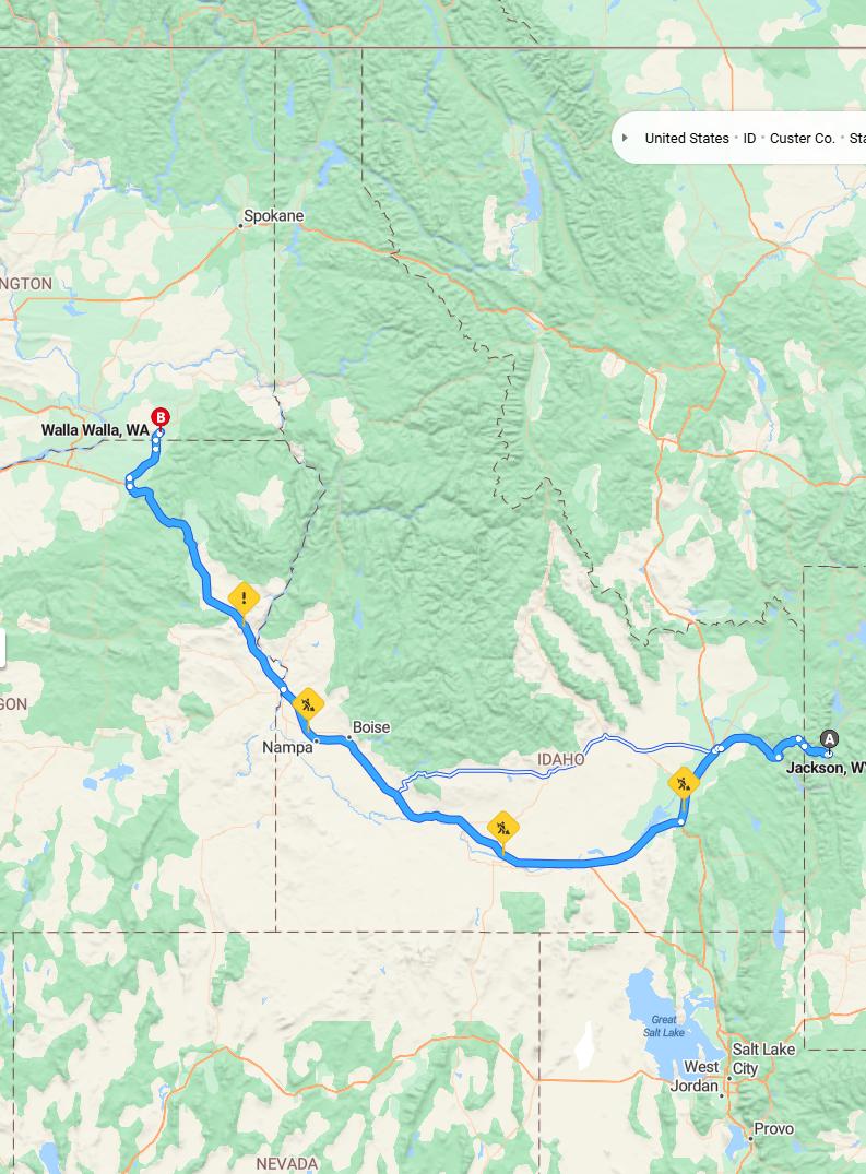 driving from Jackson, Wyoming to Walla WallaWashington - map and route
