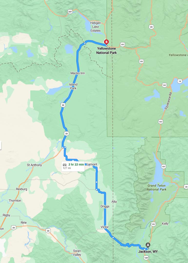 driving from Jackson, Wyoming to YellowstoneWyoming - map and route