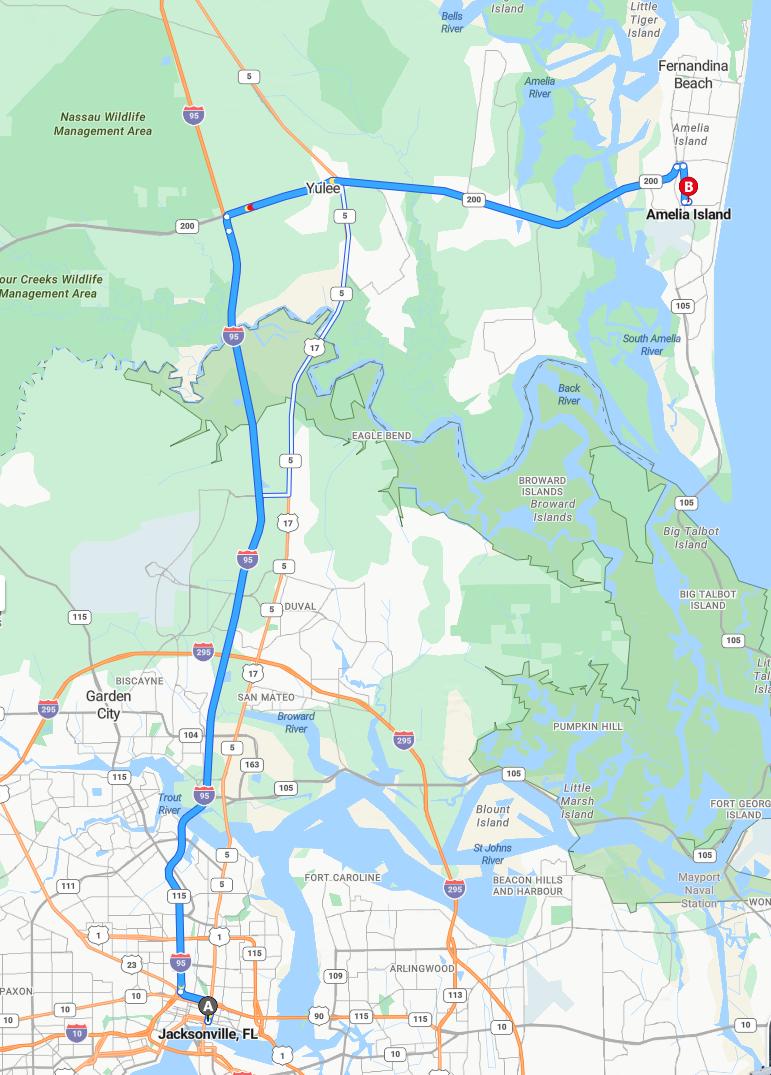 driving from Jacksonville, Florida to Amelia IslandFlorida - map and route