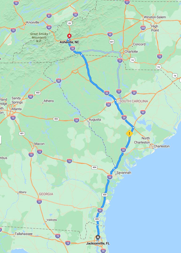 driving from Jacksonville, Florida to AshevilleNorth Carolina - map and route