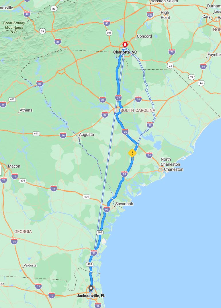 driving from Jacksonville, Florida to CharlotteNorth Carolina - map and route