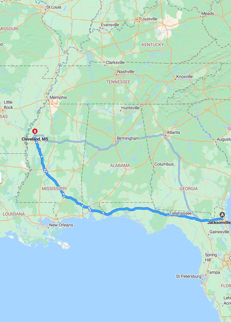 driving from Jacksonville, Florida to ClevelandMississippi - map and route