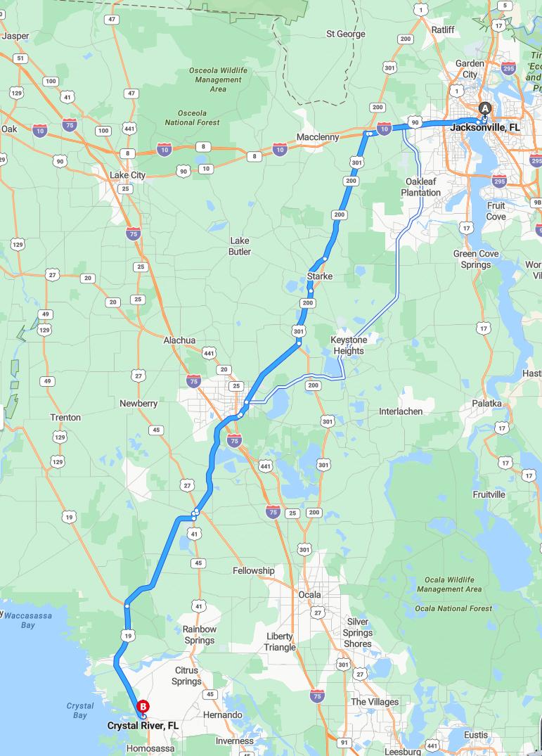 driving from Jacksonville, Florida to Crystal RiverFlorida - map and route