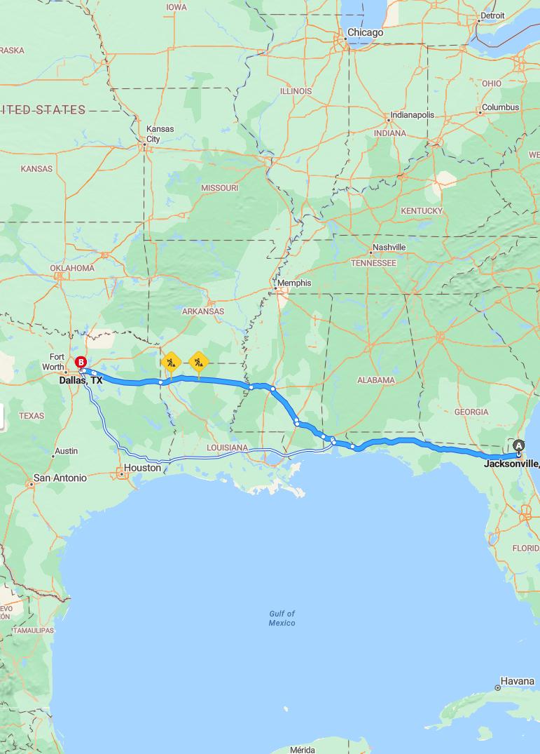 driving from Jacksonville, Florida to DallasTexas - map and route