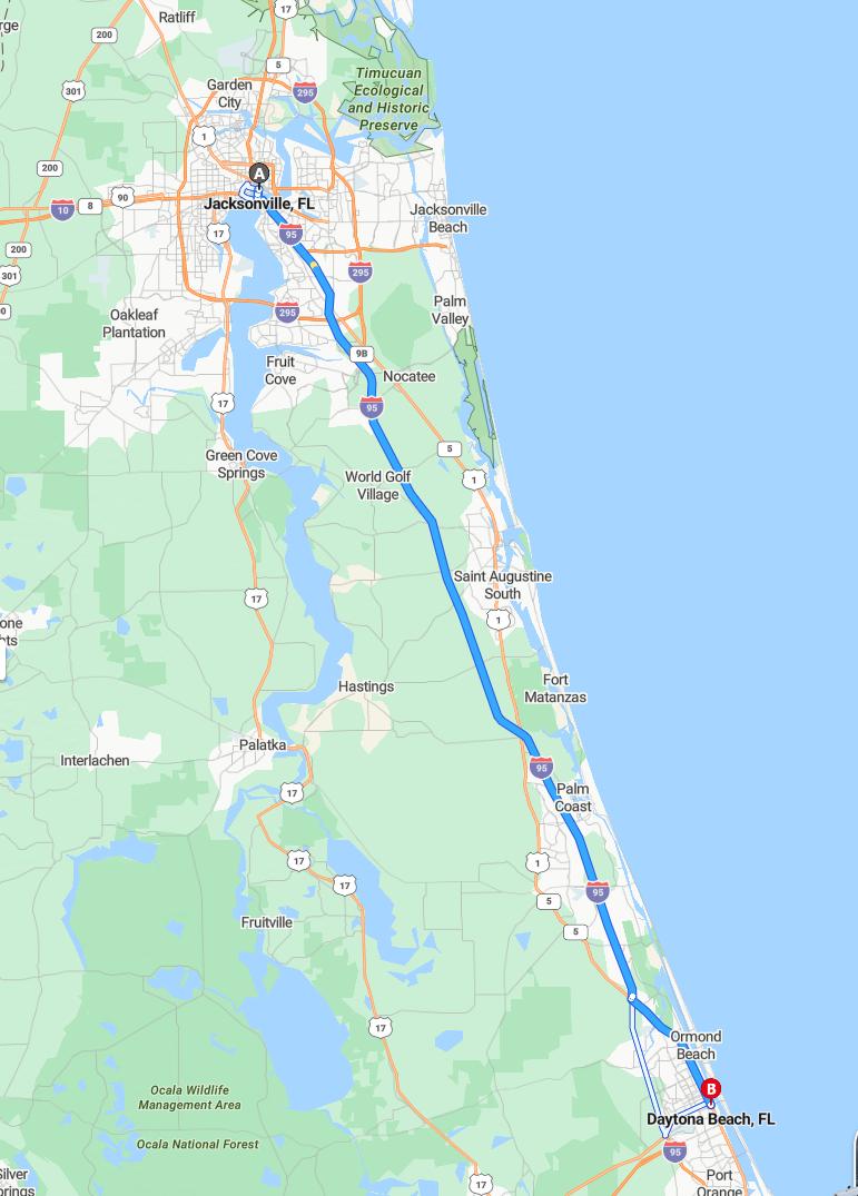 driving from Jacksonville, Florida to Daytona BeachFlorida - map and route