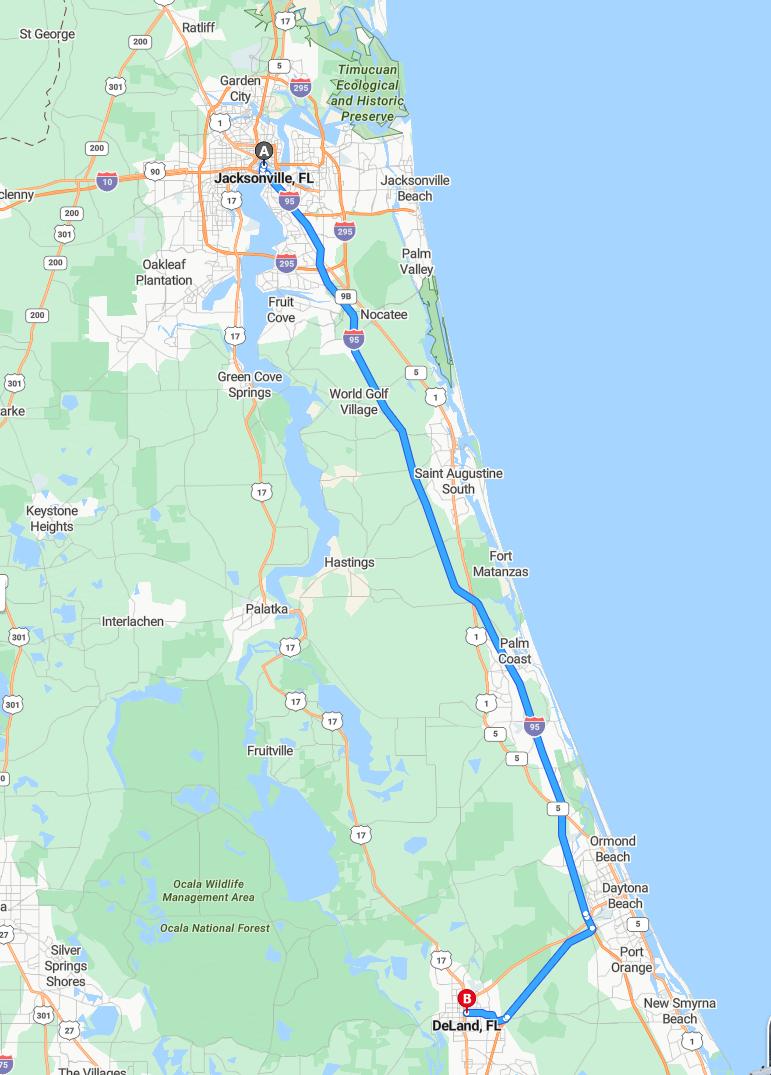 driving from Jacksonville, Florida to DelandFlorida - map and route