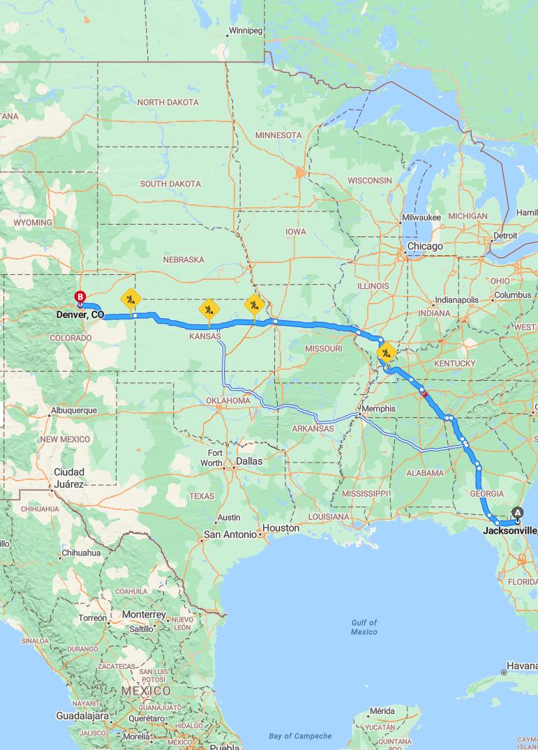 driving from Jacksonville, Florida to DenverColorado - map and route