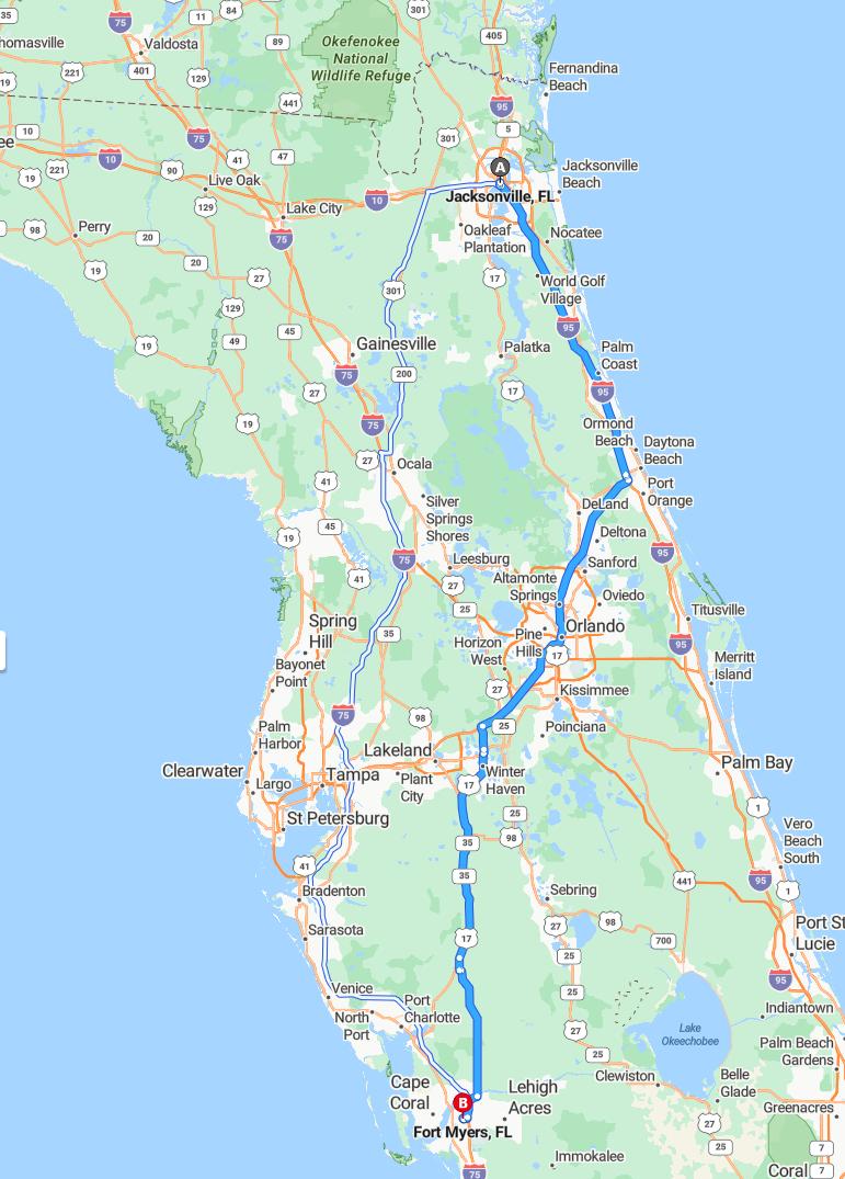 driving from Jacksonville, Florida to Fort MyersFlorida - map and route