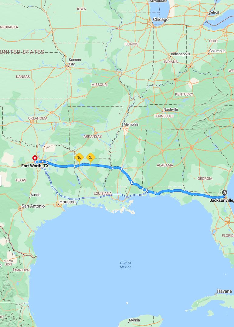 driving from Jacksonville, Florida to Fort WorthTexas - map and route