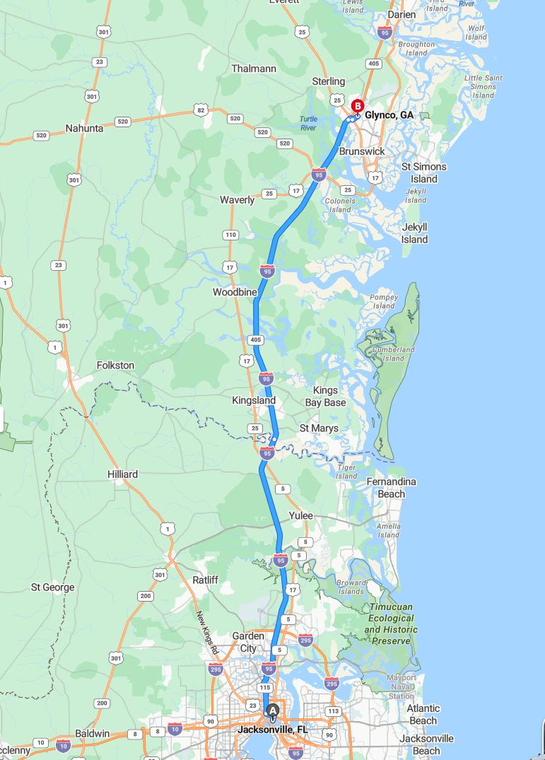 driving from Jacksonville, Florida to GlencoGeorgia - map and route