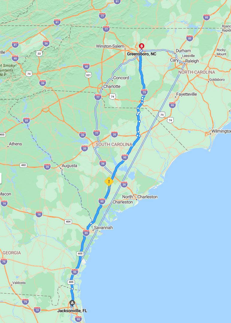 driving from Jacksonville, Florida to GreensboroNorth Carolina - map and route