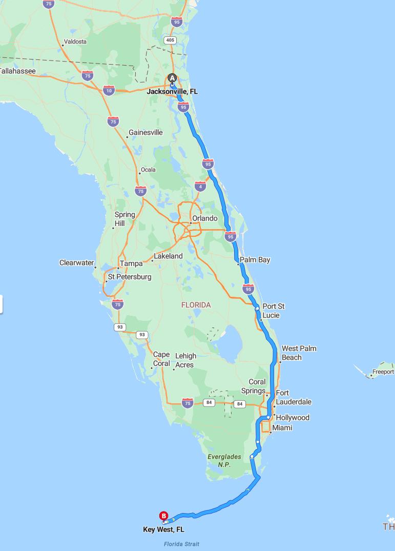 driving from Jacksonville, Florida to Key WestFlorida - map and route