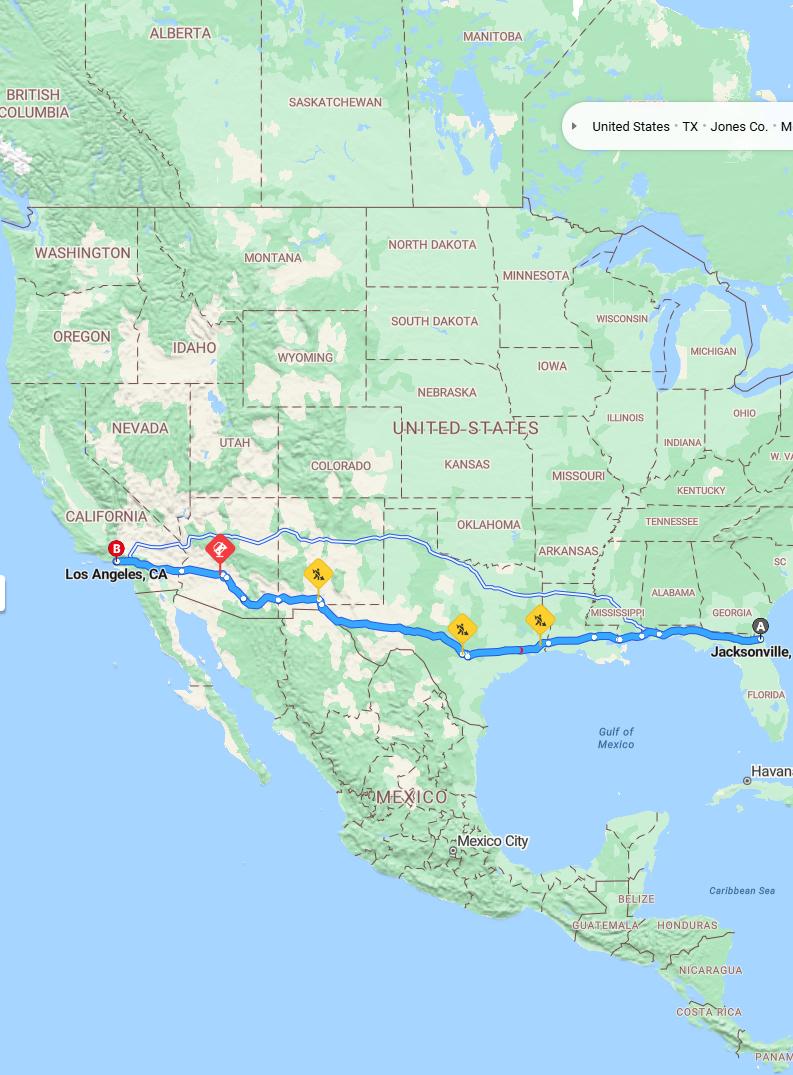 driving from Jacksonville, Florida to Los AngelesCalifornia - map and route