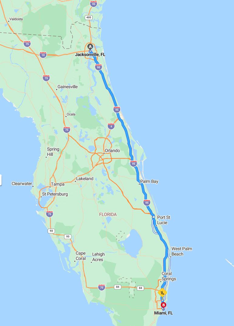 driving from Jacksonville, Florida to MiamiFlorida - map and route