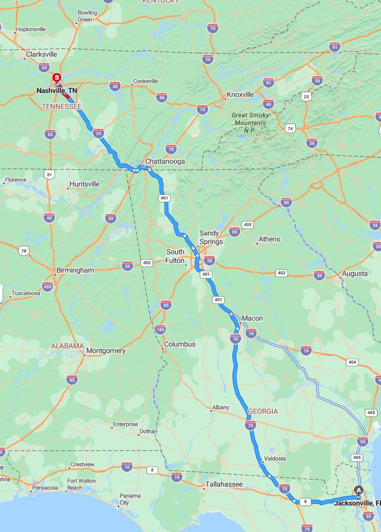 driving from Jacksonville, Florida to NashvilleTennessee - map and route