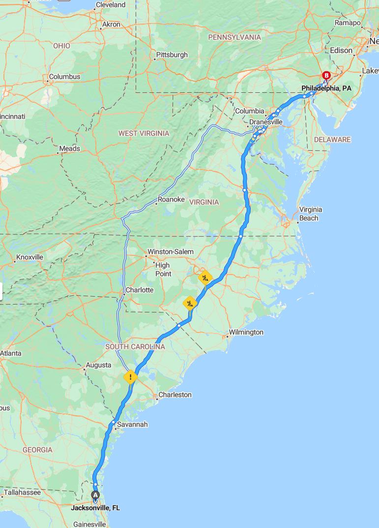 driving from Jacksonville, Florida to PhiladelphiaPennsylvania - map and route