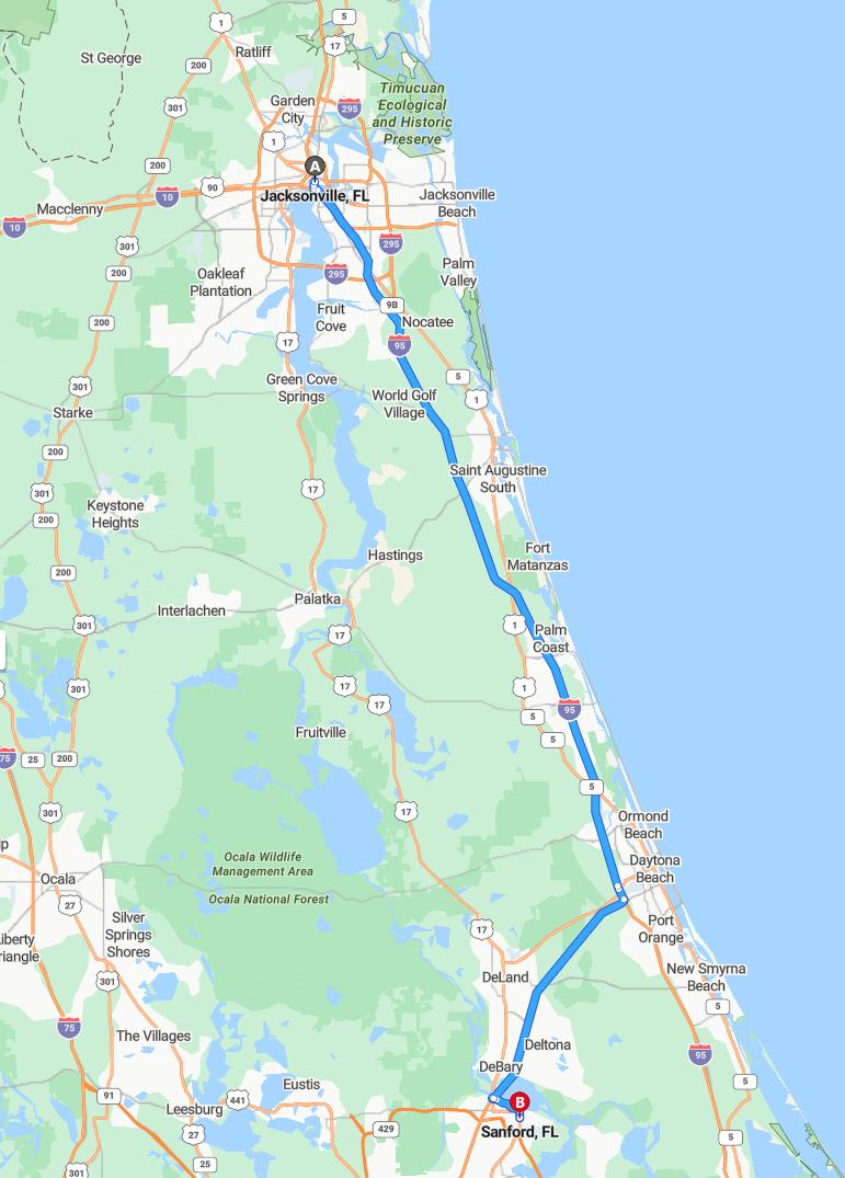 driving from Jacksonville, Florida to SanfordFlorida - map and route