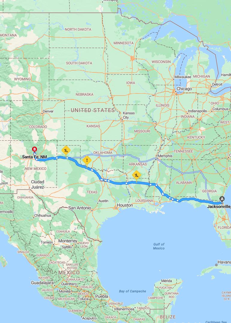 driving from Jacksonville, Florida to Santa FeNew Mexico - map and route