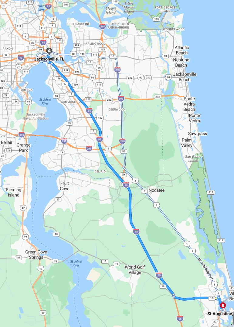 driving from Jacksonville, Florida to St. AugustineFlorida - map and route