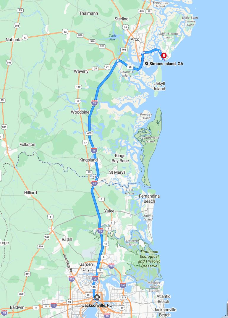 driving from Jacksonville, Florida to St. Simons IslandGeorgia - map and route