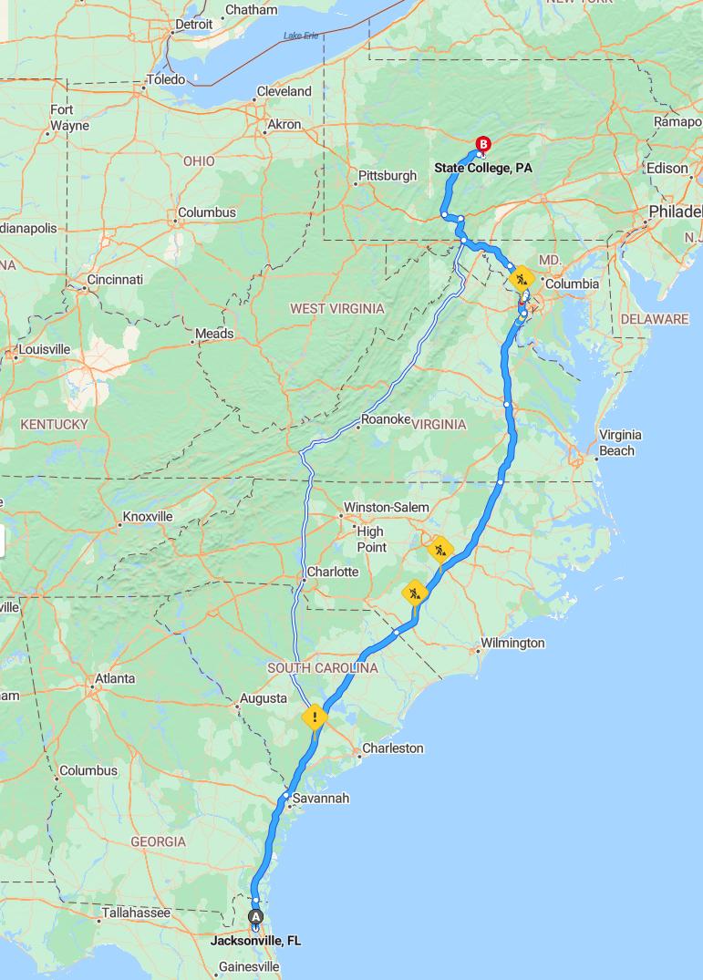 driving from Jacksonville, Florida to State CollegePennsylvania - map and route