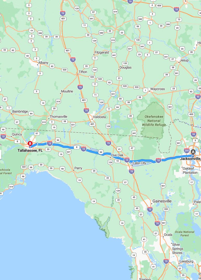 driving from Jacksonville, Florida to TallahasseeFlorida - map and route