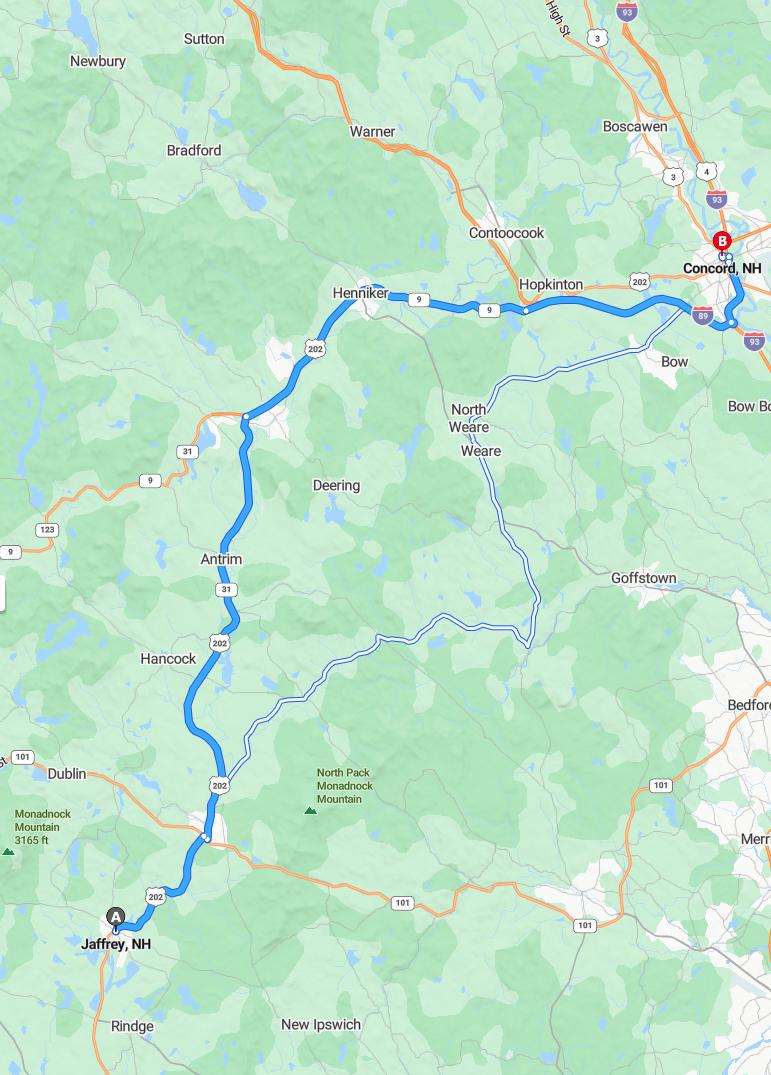 driving from Jaffrey, New Hampshire to ConcordNew Hampshire - map and route
