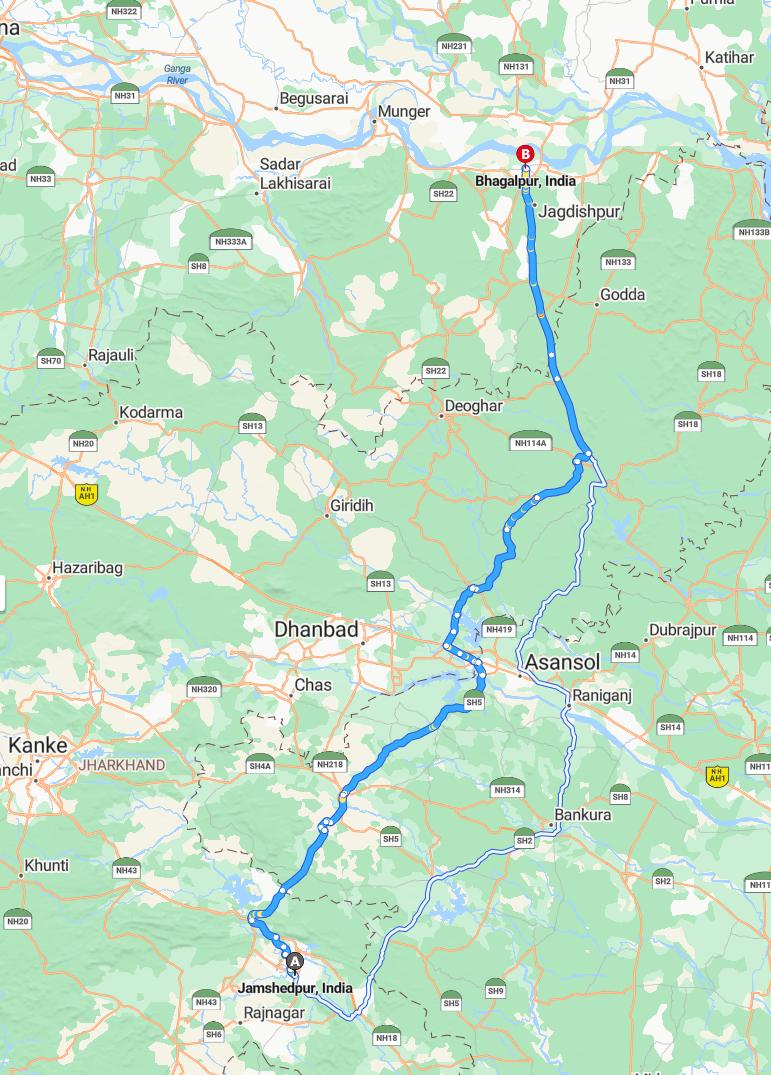 driving from Jamshedpur, Jharkhand to BhagalpurBihar - map and route