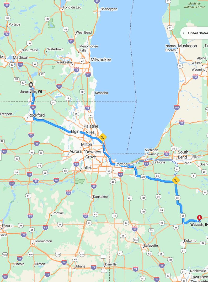driving from Janesville, Wisconsin to WabashIndiana - map and route