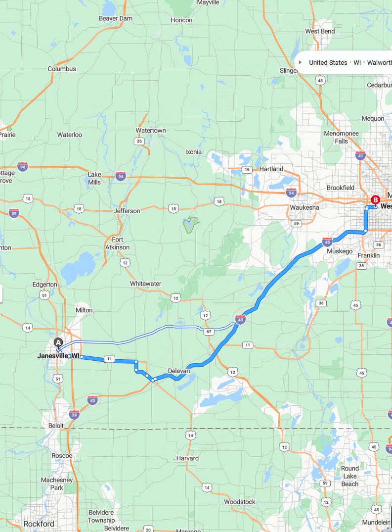 driving from Janesville, Wisconsin to West AllisWisconsin - map and route