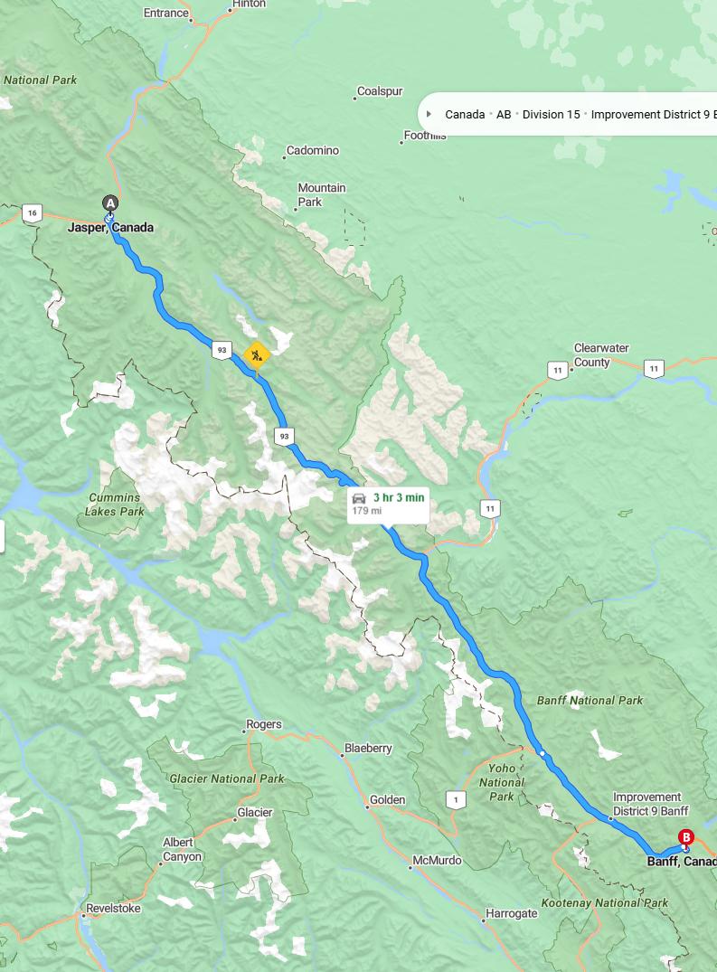driving from Jasper, Alberta to BanffAlberta - map and route