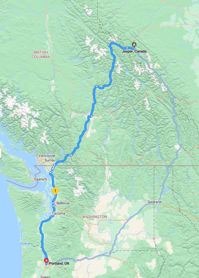 driving from Jasper, Alberta to PortlandOregon - map and route