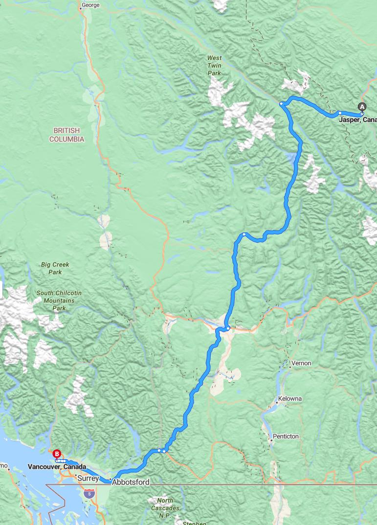 driving from Jasper, Alberta to VancouverBritish Columbia - map and route