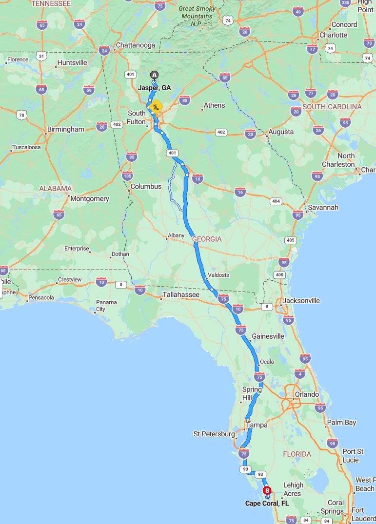 driving from Jasper, Georgia to Cape CoralFlorida - map and route