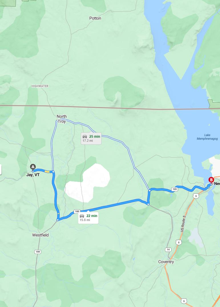 driving from Jay, Vermont to NewportVermont - map and route