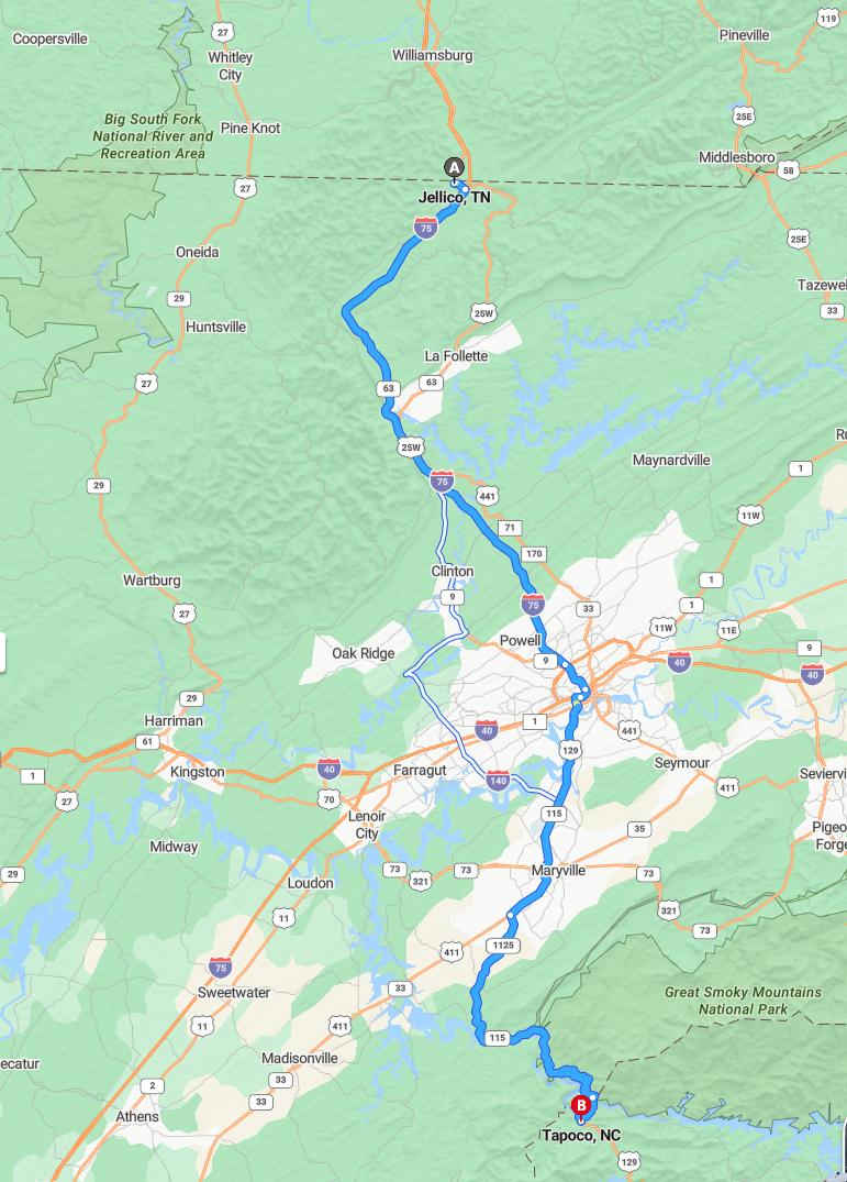 driving from Jellico, Tennessee to TapocoNorth Carolina - map and route