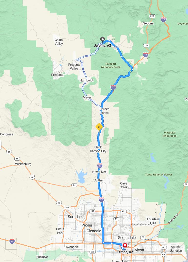driving from Jerome, Arizona to TempeArizona - map and route