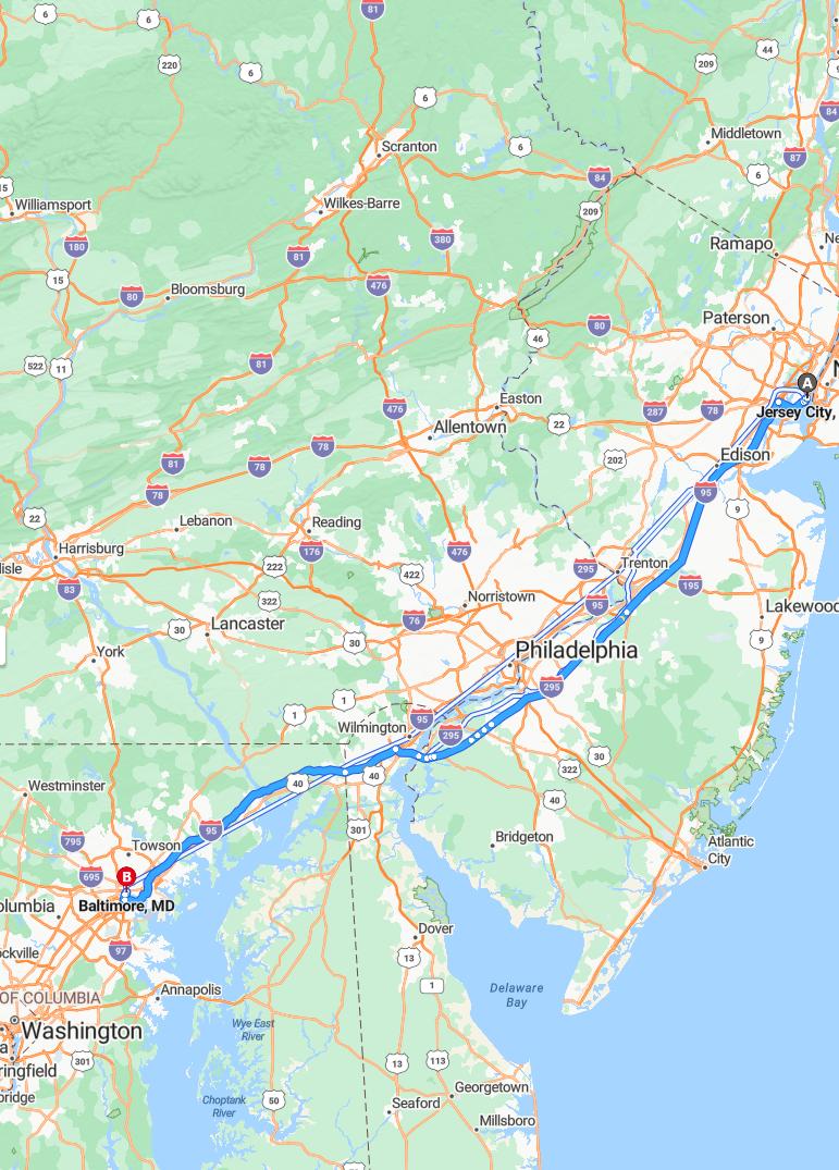 driving from Jersey City, New Jersey to BaltimoreMaryland - map and route