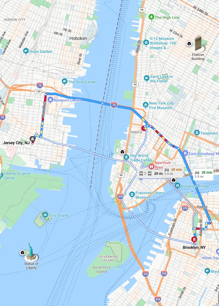 driving from Jersey City, New Jersey to BrooklynNew York - map and route